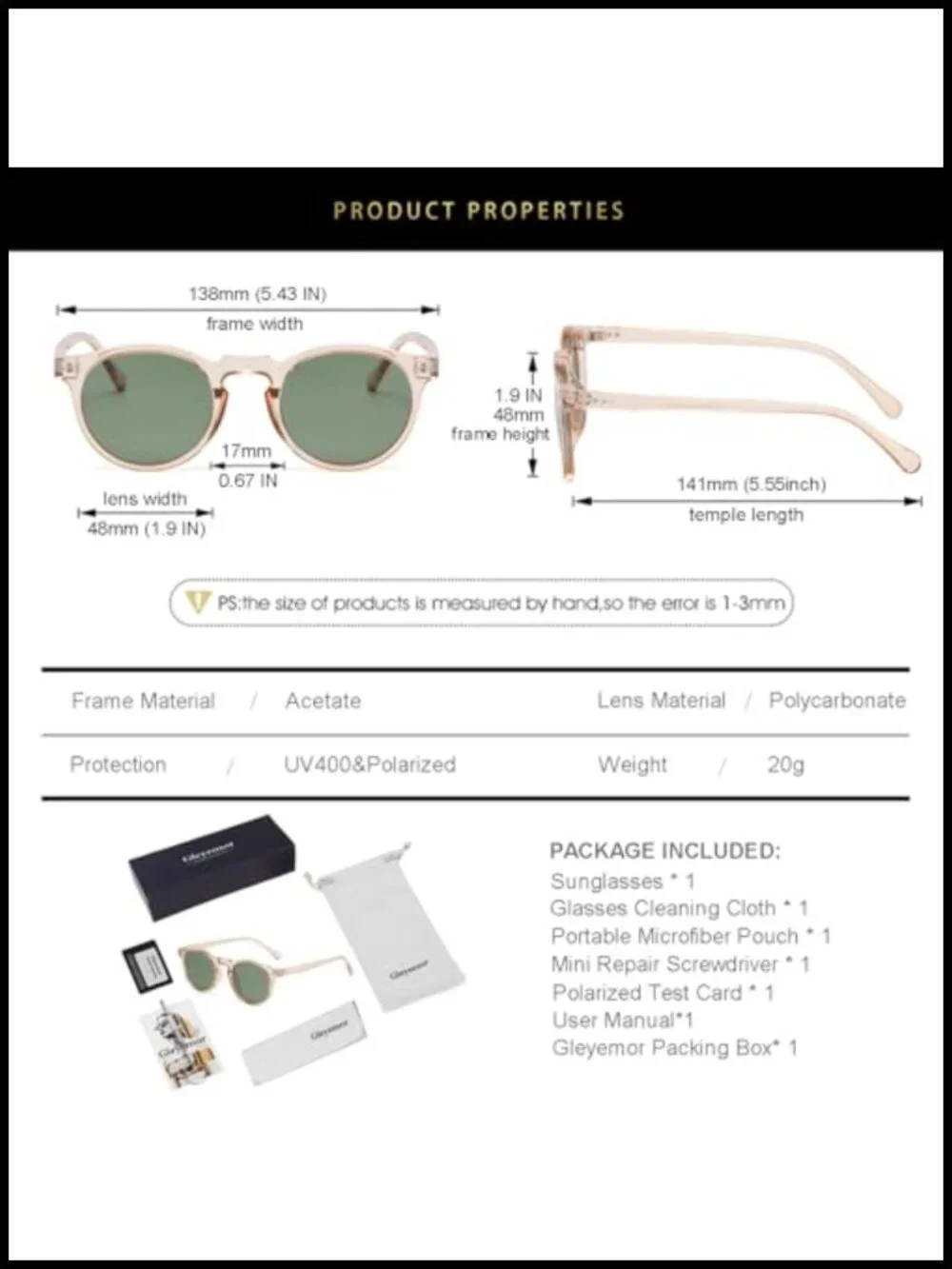 Vintage Acetate Frame Polarized Round Sunglasses Unisex Retro
